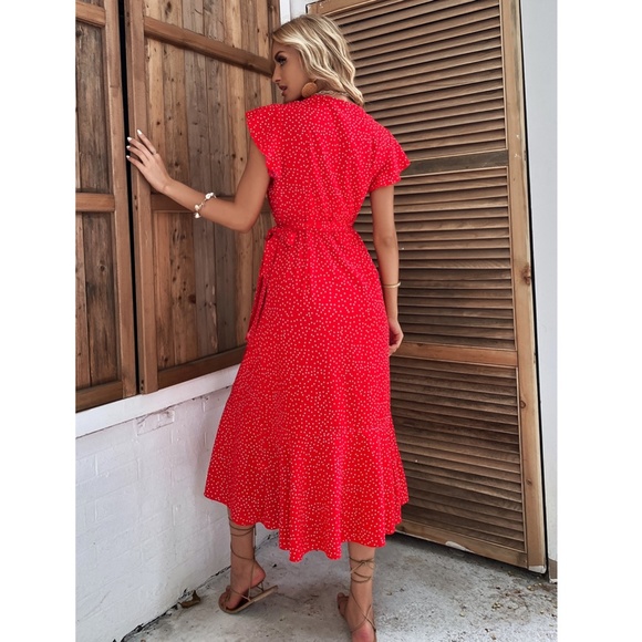 Polka Dot Red Boho Wrap Midi Dress - Picture 4 of 11